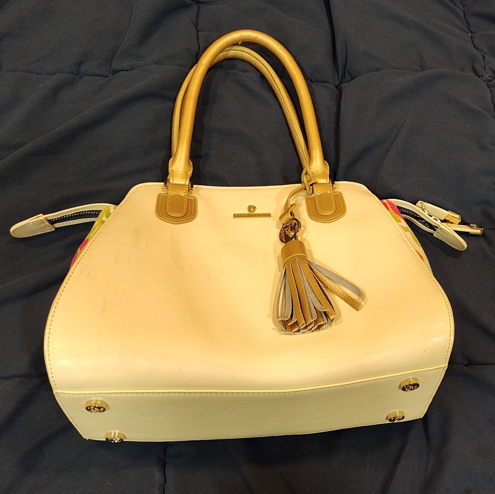 Spartina 449 Large Genuine Leather Tropical Ivory & Gold Shoulder Bag Handbag - Picture 2 of 14